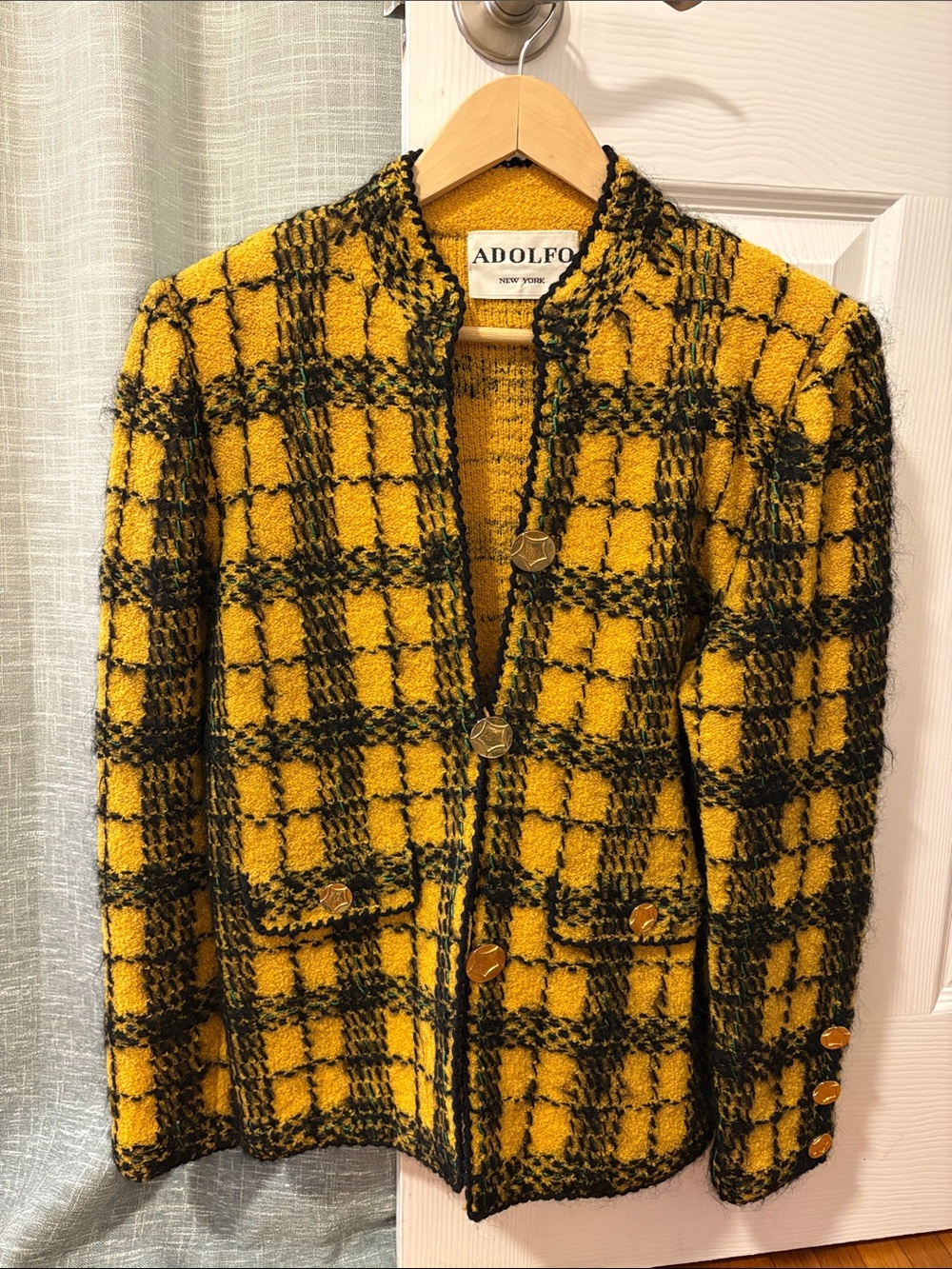 Vintage Adolfo Yellow & Black Plaid Bouclé Blazer with Gold Buttons